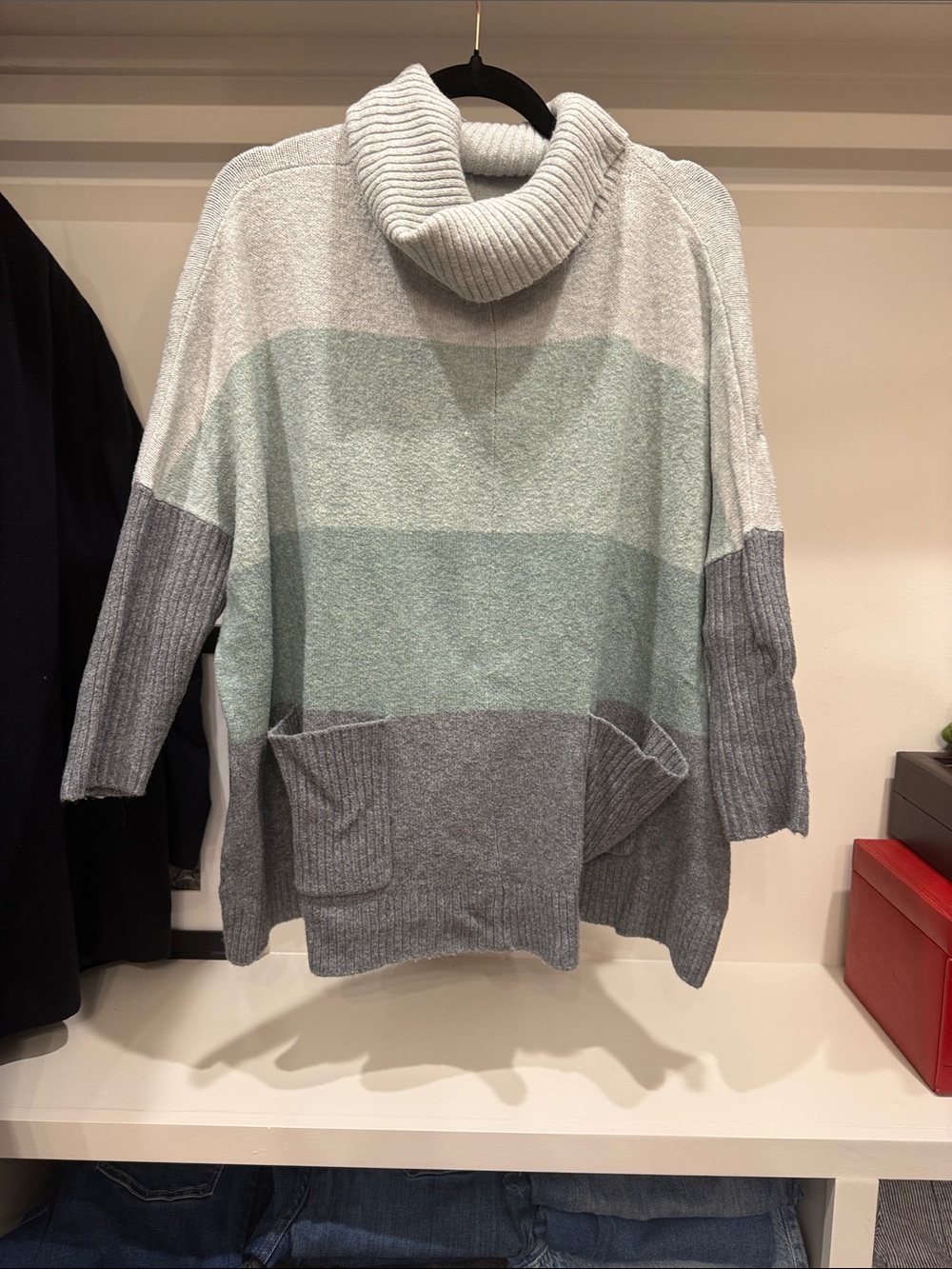 LOFT Striped Cowl Neck Poncho Sweater in Gray and Mint